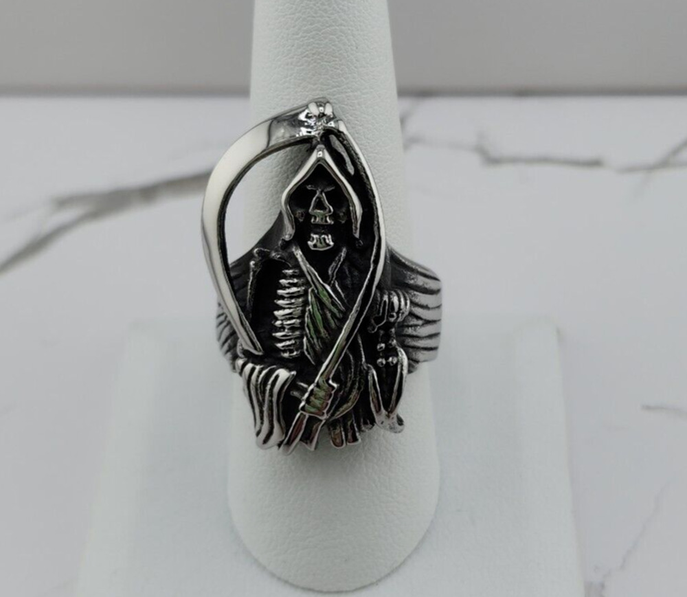 Stainless Steel Black Scythe Death Grim Reaper Skull sz 9